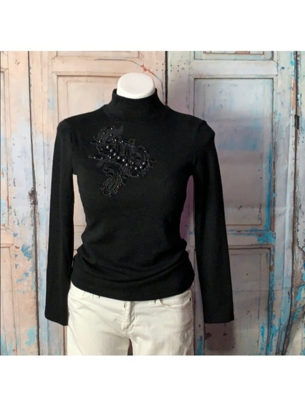 Zara Black Embellished Turtleneck Sweater With Beaded Details Women’s S